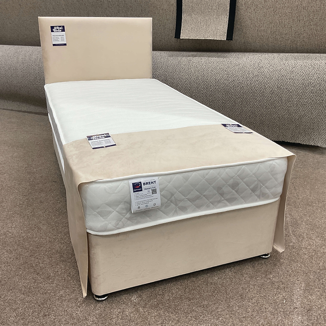 Blue single divan bed with built-in side storage drawers on display at Ideal Beds Chesterfield.