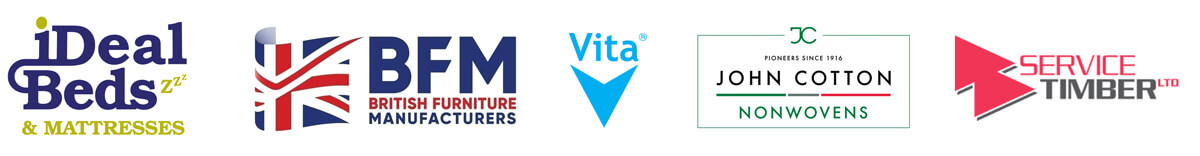 Logos for iDeal Beds & Mattresses, British Furniture Manufacturers (BFM), Vita Foam, John Cotton Nonwovens, and Service Timber Ltd.