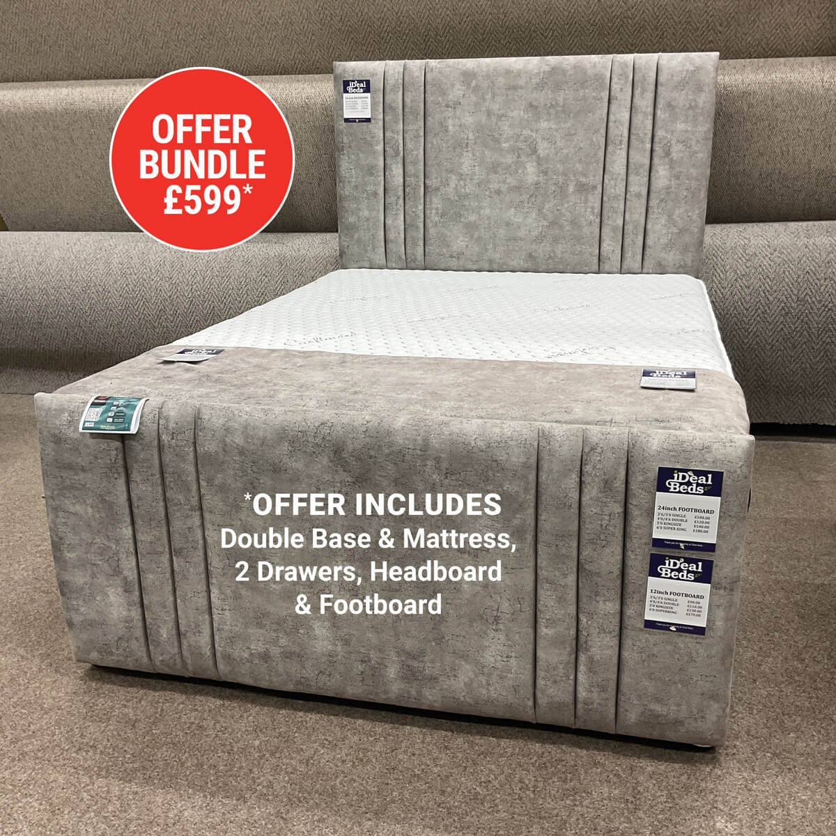 Beige upholstered divan bed with two pull-out drawers and pocket sprung mattress at Ideal Beds in Chesterfield.