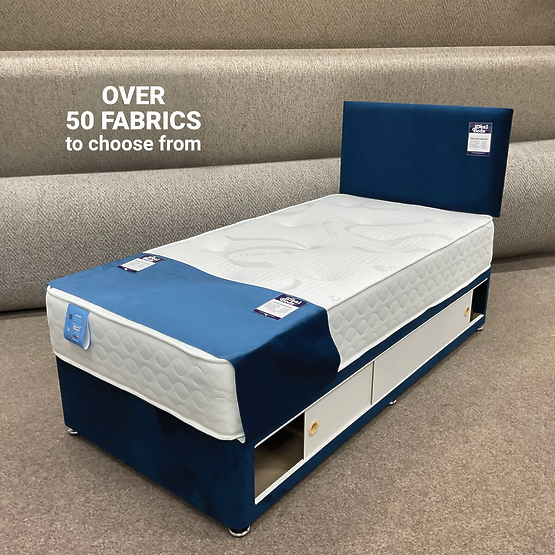 Blue single divan bed with built-in side storage drawers on display at Ideal Beds Chesterfield.