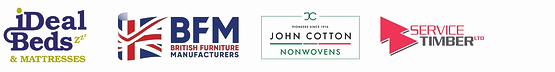 Logos for iDeal Beds & Mattresses, British Furniture Manufacturers (BFM), Vita Foam, John Cotton Nonwovens, and Service Timber Ltd.